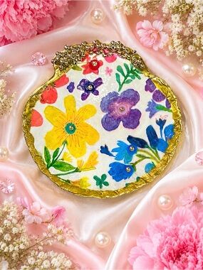 Hand-Painted Floral Round Compact Mirror with Gold Trim - Multicolor